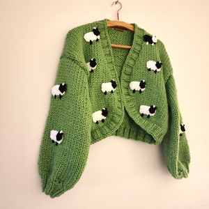 Valentines princess sheep cardigan,green lamb sweater, unique oversize jumper, Unique gifts for her, chunky hand knitted, women streetwear