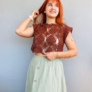 Boho Crochet Top – Handmade Brown Crop Blouse, Lightweight Summer Shirt, Perfect for Beachwear, Festivals & Spring Outfits